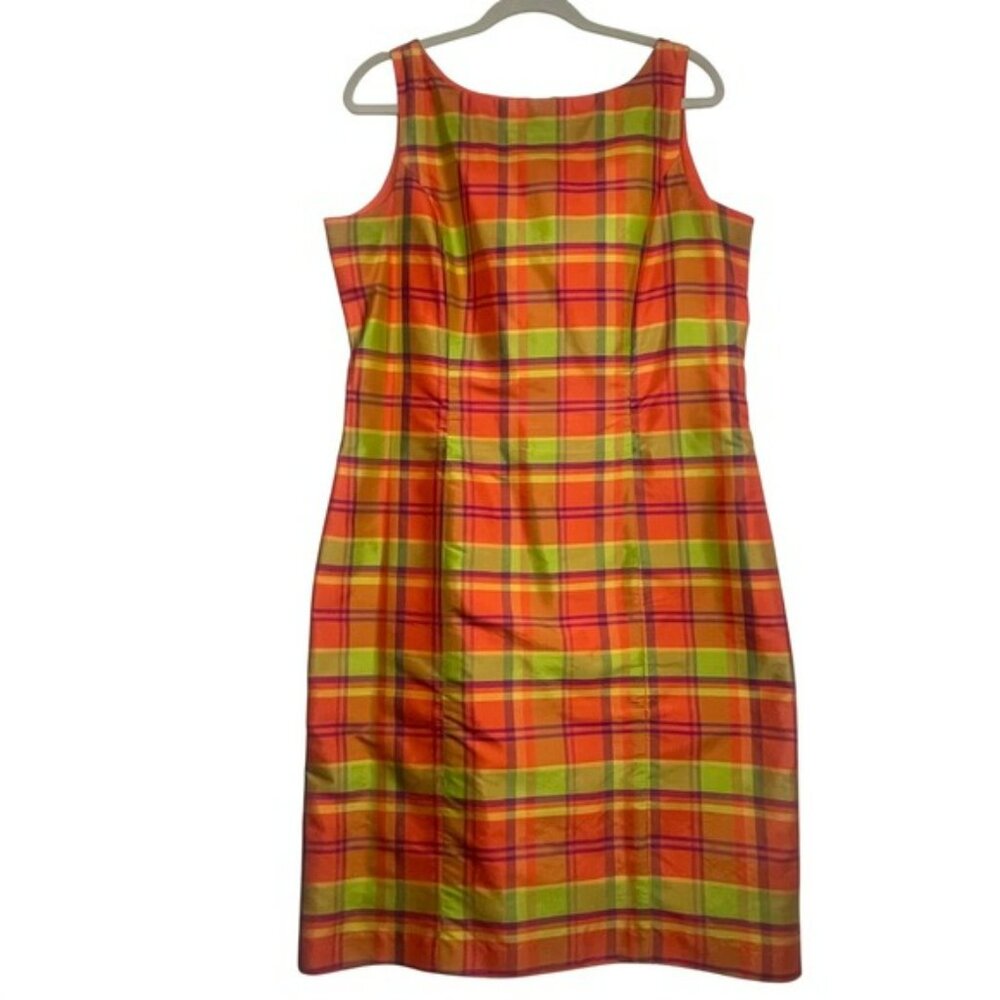 Victoria Holley Womens 14 Silk Plaid Sheath Dress Orange Green Sleeveless Lined